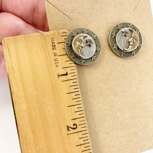 VTG Celestial Moon & Stars Circle Mixed Metal Earrings Pierced Stud Earrings - Picture 4 of 5